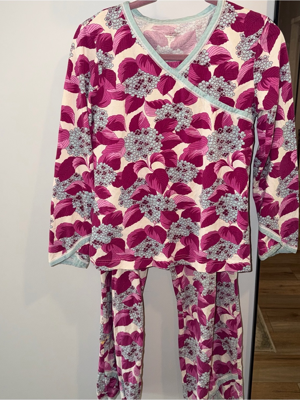 $90 Garnet Hill Pajama Set Women XS Pink Purple Floral Asian Wrap Organic Cotton